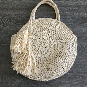 Mark & Graham Round Straw Tote Bag Tassels Natural Coastal Beach Resortwear